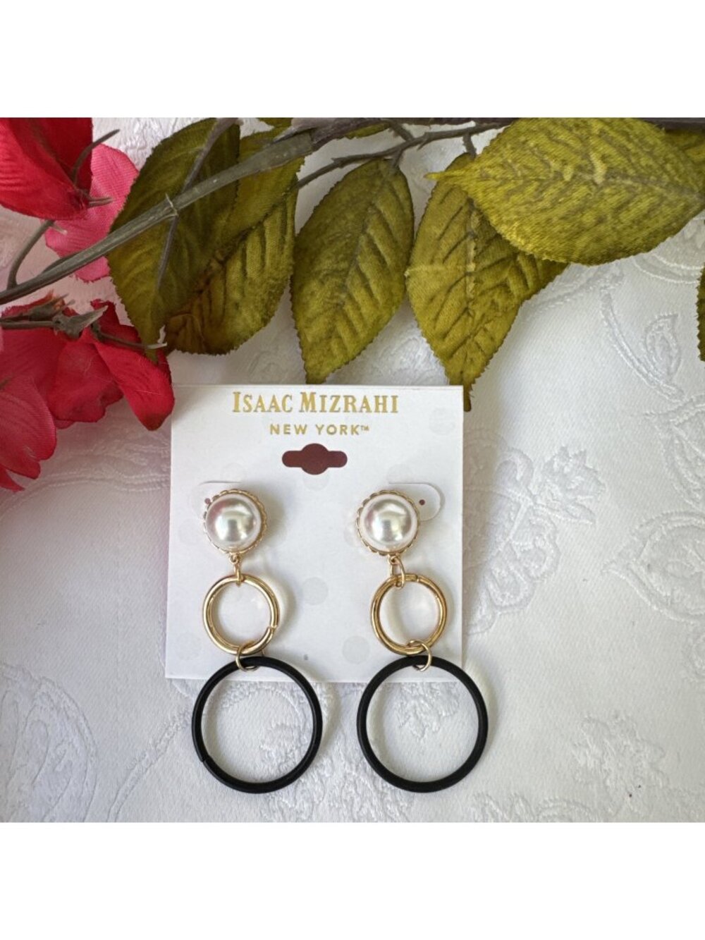 Isaac Mizrahi Rhinestone Pearl Black Gold Hoop Earrings 2.5" MSRP $38 NEW